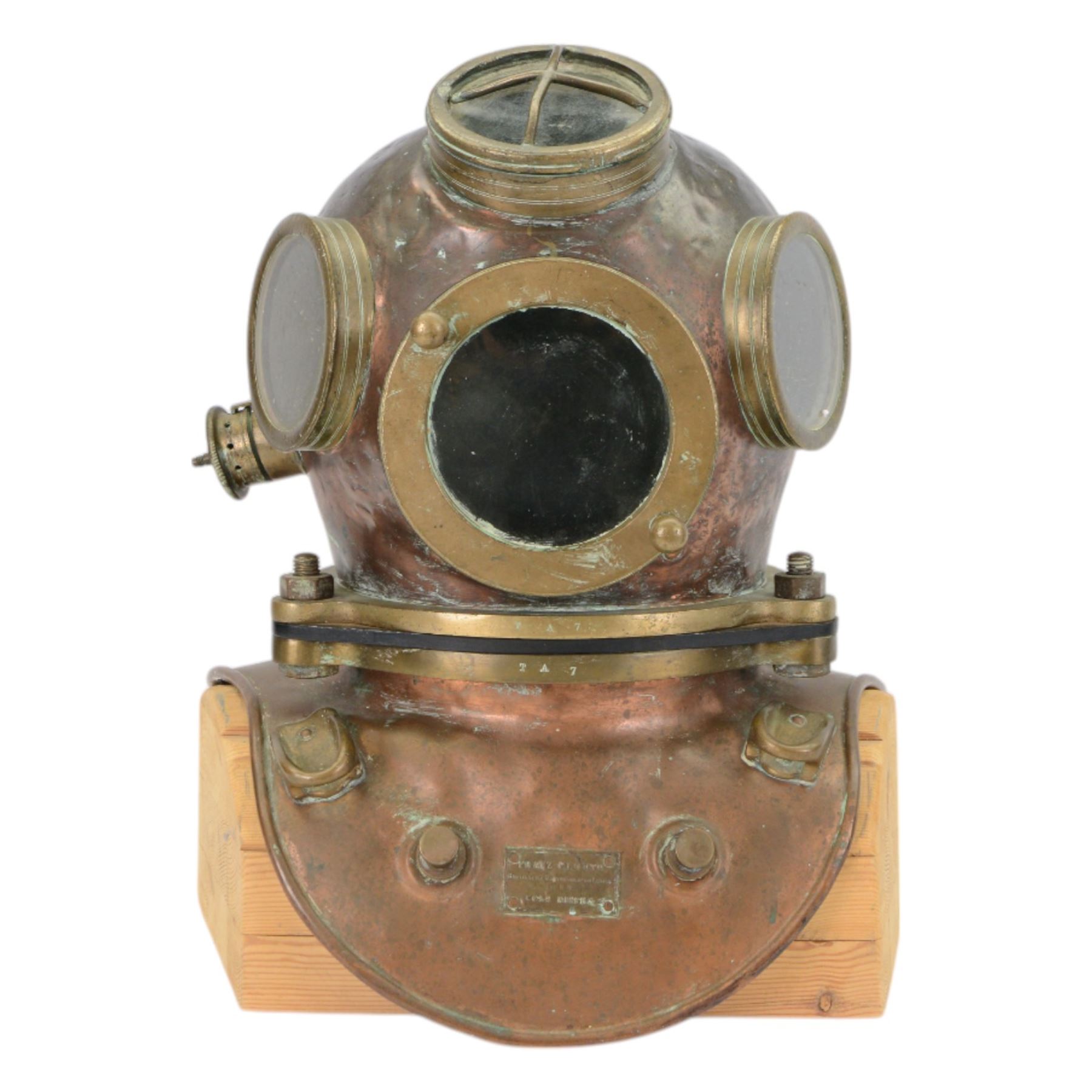 19th century Franz Clouth three bolt copper and brass diving helmet, inscribed 'Franz Clouth Kncinische Gummiwaarenfabrik m b H COLN NIPPES', matching numbers T A 7 on top and corselet rims, with handmade wooden stand, together with a reference book 'Diving Helmets' by Anthony Pardoe, which features the helmet on pages 146 and 147, helmet W42cm, H40cm, H50cm
