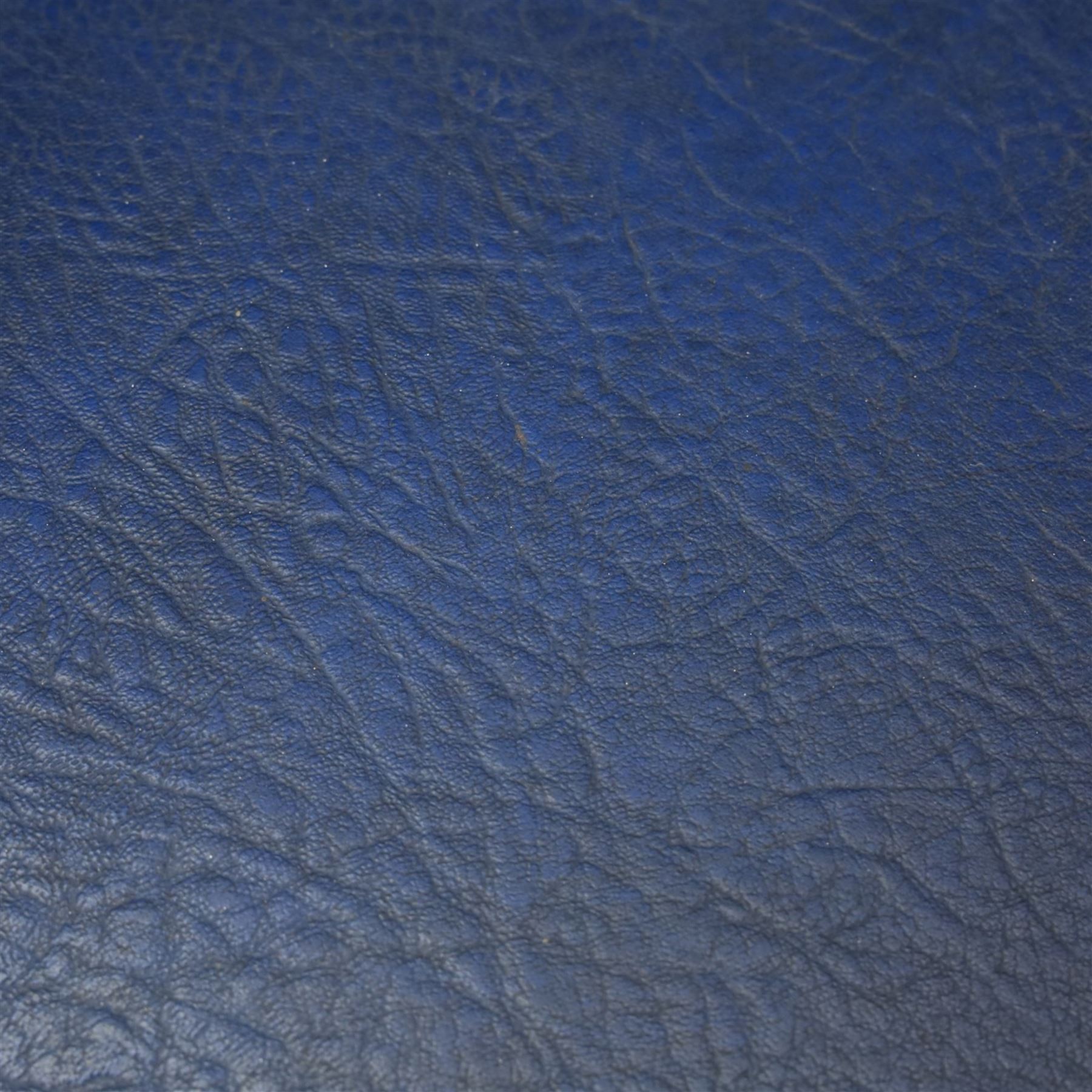 Modern twelve oak dining chairs including one 'Chairmans' chair, solid oak construction, slatted back and arm rests, blue leatherette padded seat, on tapered square supports 