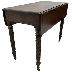 Regency mahogany Pembroke table, moulded rectangular drop-leaf top with rounded corners, fitted with single end drawer, on rope twist supports with brass cups and castors 