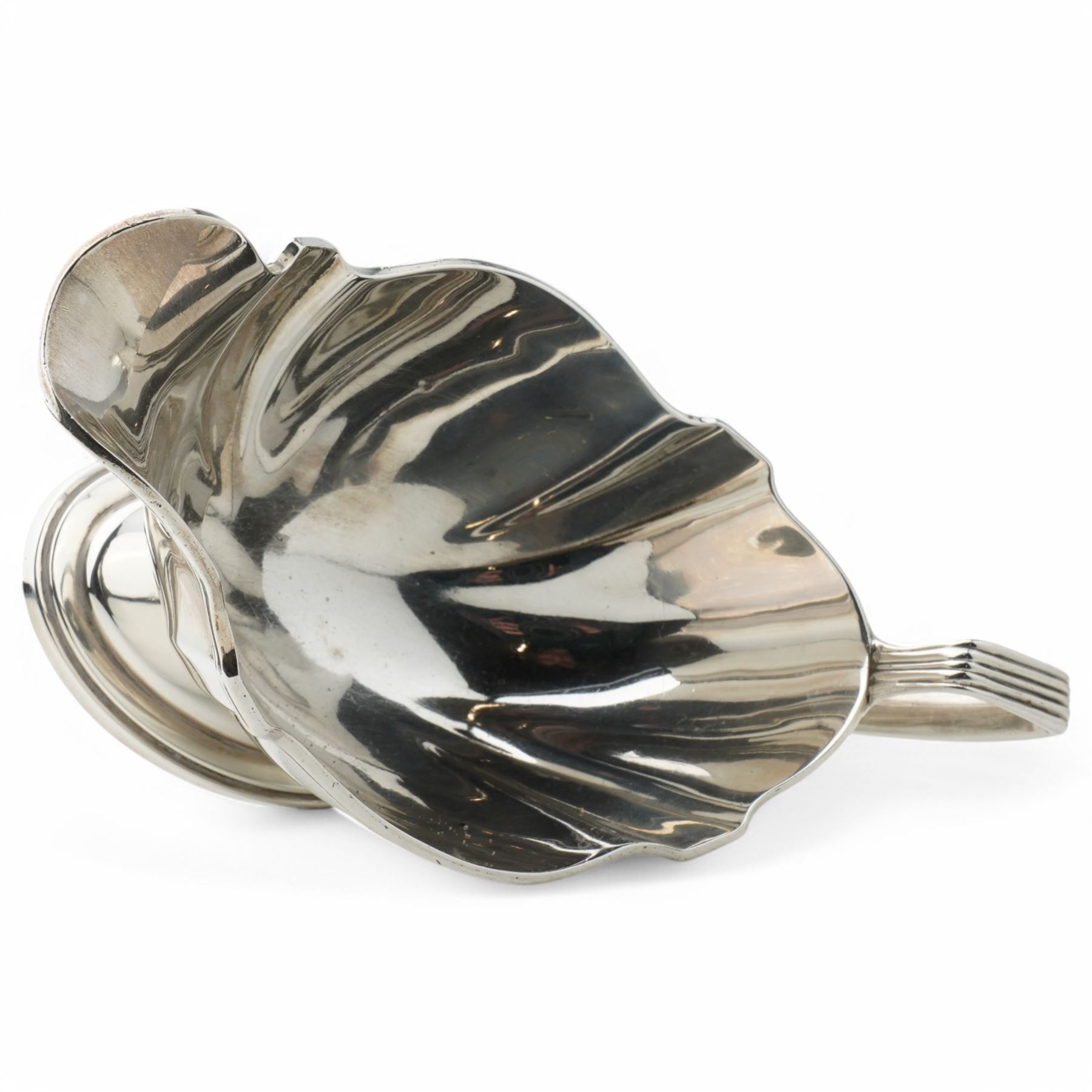 Pair of silver sauce boats with crimped reeded rims, angular handle and on pedestal foot Birmingham 1916 Maker Gorham Manufacturing Co.