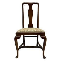 Pair of 19th century Queen Anne design walnut framed side chairs, yoke crest rail over vase-shaped splat, upholstered drop-in seats, raised on cabriole supports with pad feet united by turned stretchers