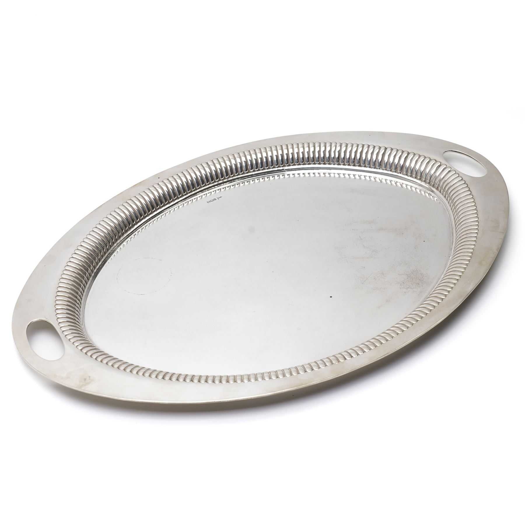 Silver oval tray with gadrooned edge and integral handled 65cm x 44cm Sheffield 1900 Maker Walker & Hall