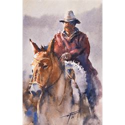 Diego Ferrer (Argentinian Contemporary): Gauchos on Horseback, set of three watercolours signed and variously dated, each approx. 22.5cm x 14.5cm (3) (one unframed)