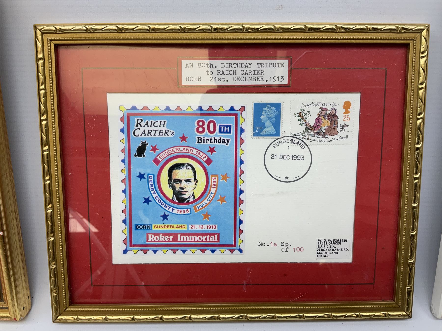 Limited edition First Day Cover 1987 for Sunderland's 50th Anniversary of Winning the F.A. Cup; signed by Raich Carter and Bobby Gurney No.1sp/500; limited edition First Day Cover 1993 to celebrate Raich Carter's 80th Birthday No.1aSp/100; photograph of the RAF XI v Scotland team including Carter and Stanley Matthews; photograph of Carter scoring against Preston N.E. in 1937; photograph of the Hull City squad on tour to Tel Aviv 1949; and photographic print entitled 'North v South Trial Match Bournemouth 2-4-27 Northern Boys' with manuscript note verso by Carter identifying which is him; all framed; Provenance: By direct descent from the family of Raich Carter having been consigned by his daughter Jane Carter (6)