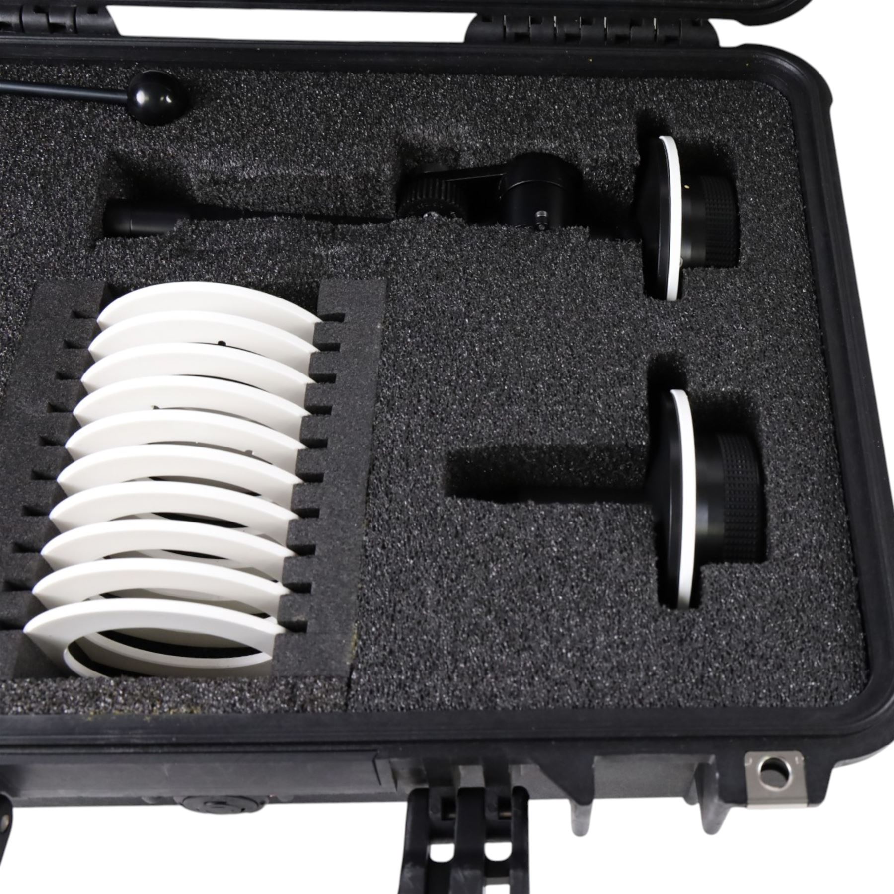 Arri FF5 Follow Focus Kit, comprising follow focus adapters for 19mm and 15mm rods, left side and right sides knobs, twelve marking discs, short whip with knob and toffee hammer, contained within a Peli 1500 case