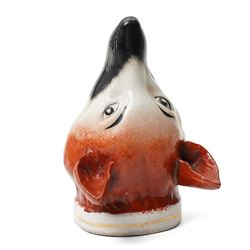 19th century Staffordshire fox head stirrup cup H12cm and a pastille burner in the form of a two storey cottage (2)