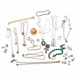 Three pairs of 9ct gold stone set stud earrings, collection of silver jewellery including eight necklaces, two stone set bracelets, earrings, a Kirks Folly brooch and other costume jewellery 
