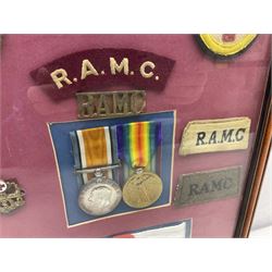 WW1 pair of medals comprising British War Medal and Victory Medal awarded to 493 Pte. H. Everett R.A.M.C.; with ribbons; mounted and framed with metal cap and lapel badges, various shoulder titles, cloth wound badge, armband and other cloth badges
