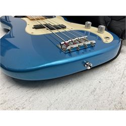 Richwood electric bass guitar in blue, cream and natural finish L117cm; in Fender soft carrying case; together with Behringer Thunderbird Bx108 amplifier date code 0 4 11.