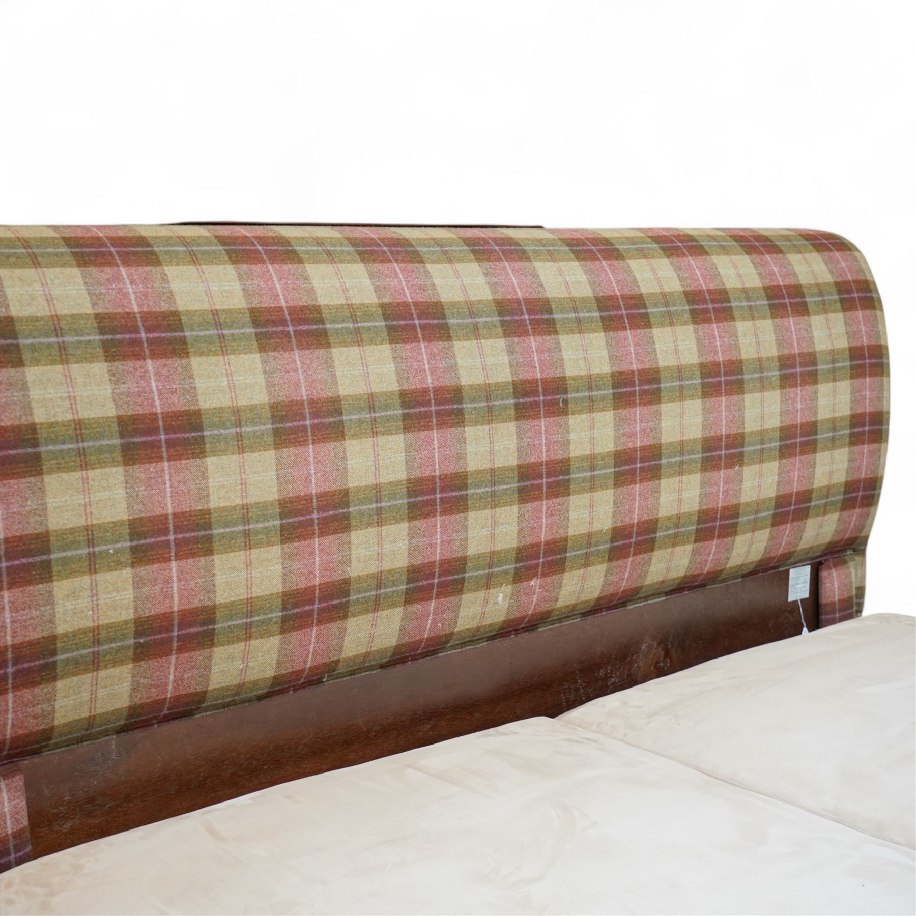 And So To Bed - Bonaparte Emperor 7' upholstered and classic Victorian design wood framed, upholstered in chequered pattern fabric with scroll-shaped headboard and footboard, upholstered side rails, with a faux suede divan together with a fitted Vispring Kingsbridge mattress, supported on cabriole legs 