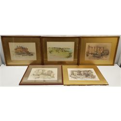 Marjorie Christine Bates (British 1882-1962): Domestic Scenes, set five pastels signed, Whitby framers labels verso 26cm x 37cm, one unframed (5)