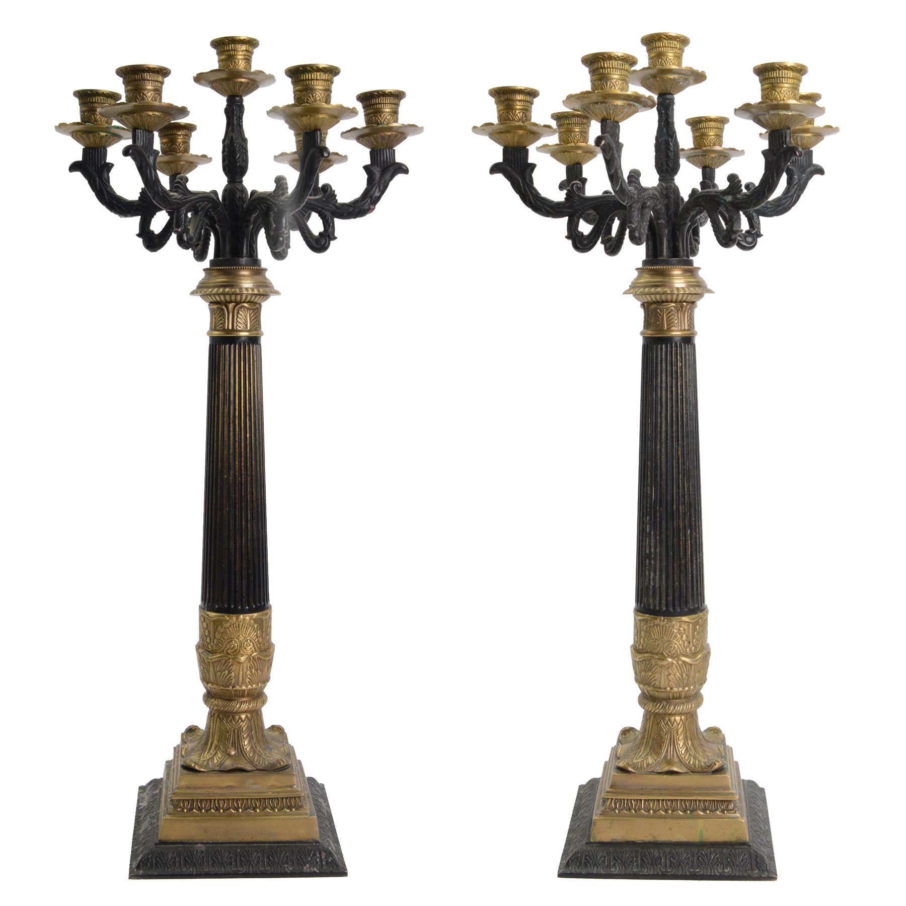 Pair of 20th century Corinthian column seven branch candelabra, with gilt brass sconces and swept acanthus leaf pedestal bases, H69cm (2)