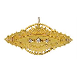 Victorian 15ct gold three stone diamond mourning brooch, Birmingham 1892
