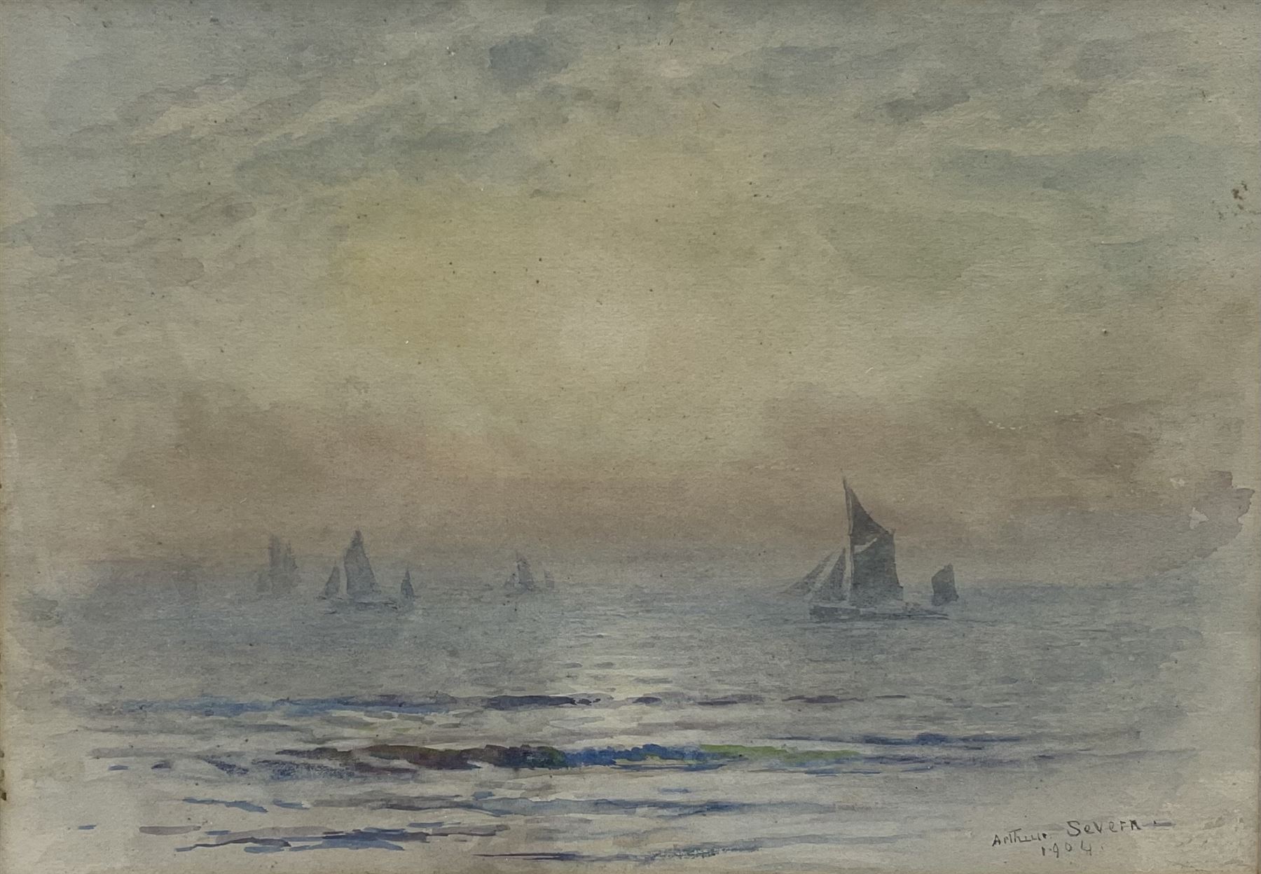 Joseph Arthur Palliser Severn RI ROI (British 1842-1931): Fishing Boats at Sunset, watercolour signed and dated 1904, 12cm x 17cm
Provenance: with The Parker Gallery, Albermarle St. London