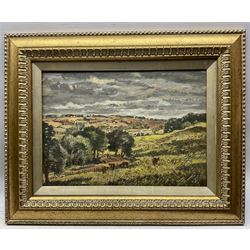 George Graham (British 1881-1941): Cows Grazing near Rye, oil on canvas unsigned, attributed and indistinctly titled verso 24cm x 34cm 