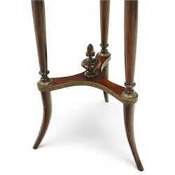 Late 19th century French Empire style mahogany and gilt metal mounted jardinière stand, circular rouge marble top with pierced brass gallery, on three turned supports joined by an undertier stretcher and splayed legs