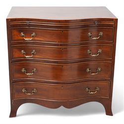 Georgian design yew wood serpentine chest, crossbanded top over brushing slide and four graduating cock-beaded drawers, brass swan neck handles and circular plates, shaped apron with splayed bracket feet 