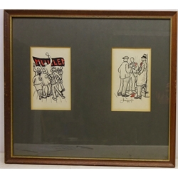  Labour Party Conversation and Mullen Banner, two pen, inks and gouaches, one signed and dated '77 by Joe Scarborough (British 1938-) each 23cm x 14cm framed as one   Illustrations for novel on trade unions by Mike Cook- TV presenter  
