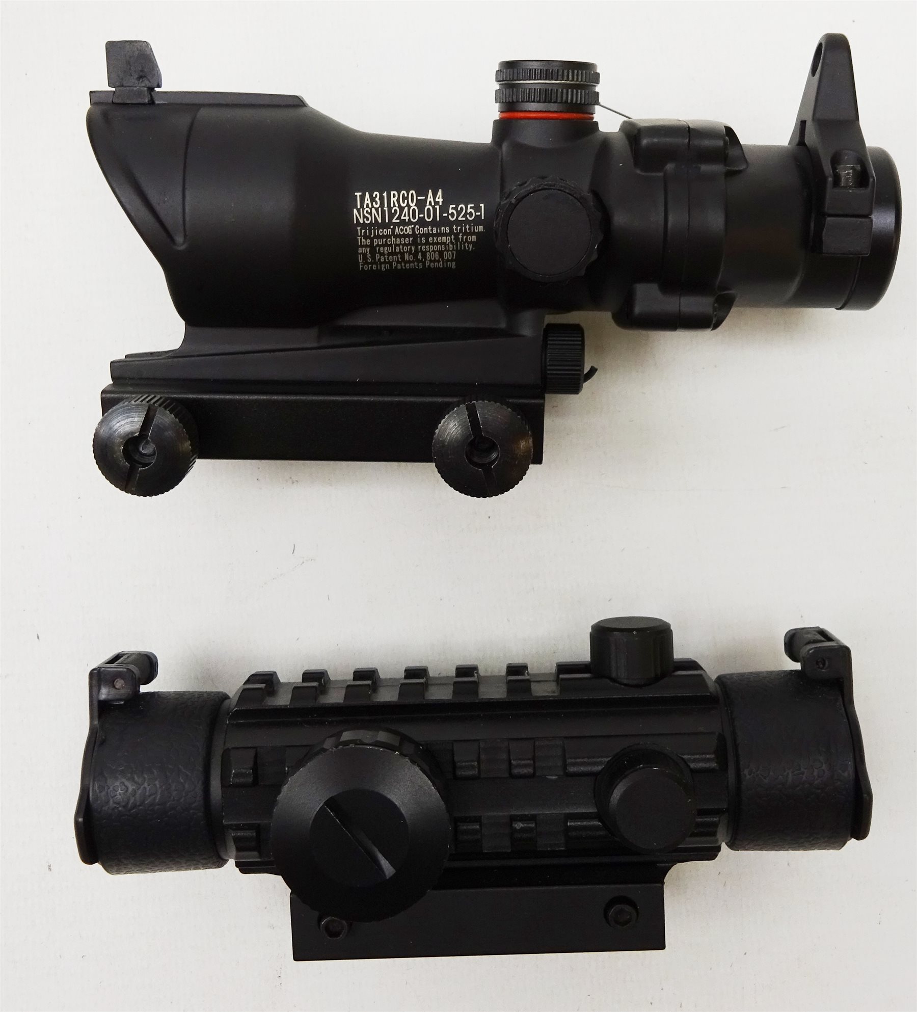 Two red or green spot scopes, Trijicon ACOG TA31RCO and Walther 1x30in