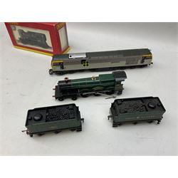Hornby '00' gauge - diesel 0-4-0 shunting locomotive No.D2412; boxed; GWR 2-6-2 tank locomotive No.6110; GWR 0-6-0 tank locomotive no.2744; diesel 0-6-0 shunting locomotive No.3005; 4-6-0 locomotive 'Burton Hall' No.6922 with tender; and another six-wheel tender; together with Lima diesel electric locomotive 'Thomas Barnardo' No.60055 (7)