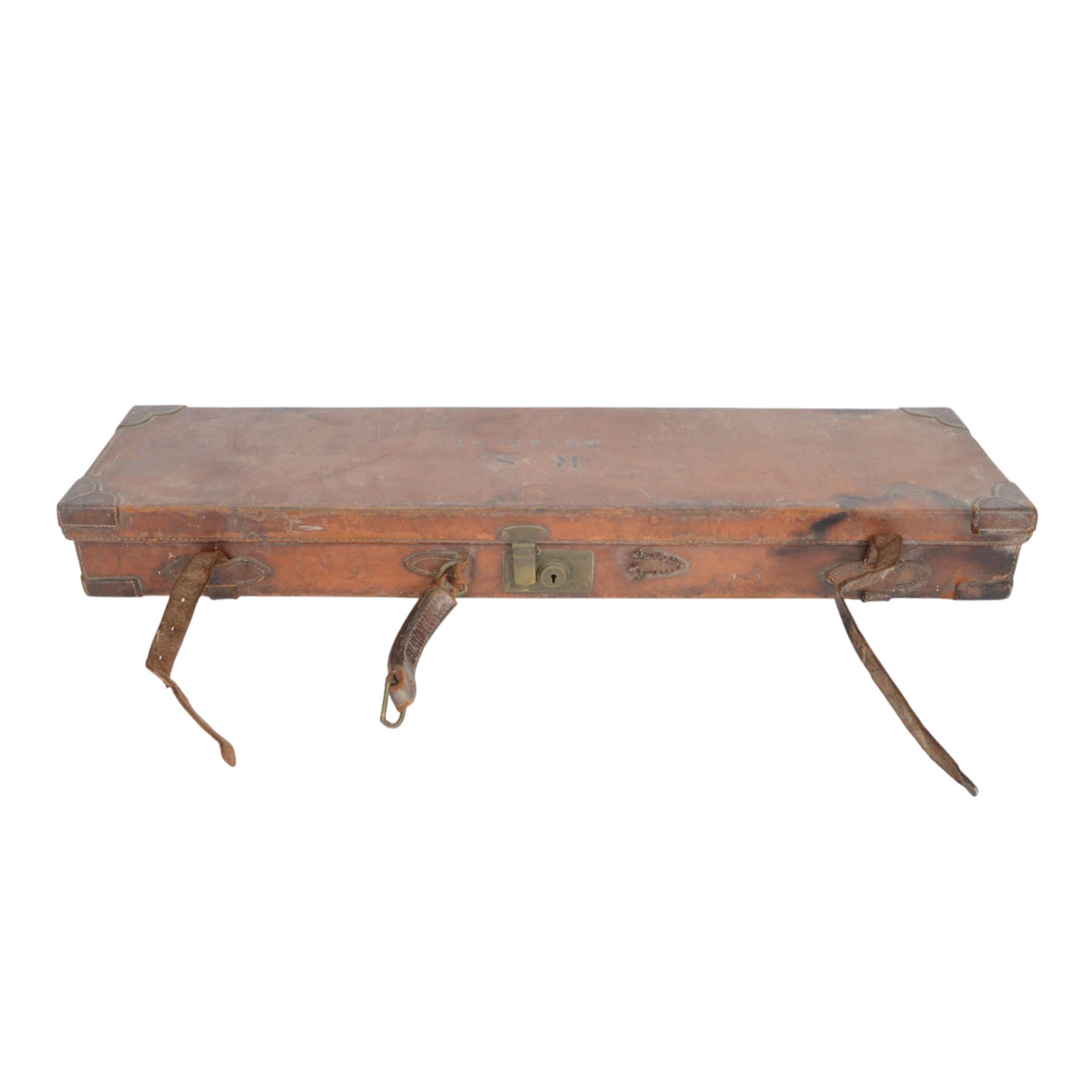 Leather shotgun case with the label of H Esau Akrill, practical gunmaker Beverly, inscribed  to lid 'R.S. Beverley', L83cm