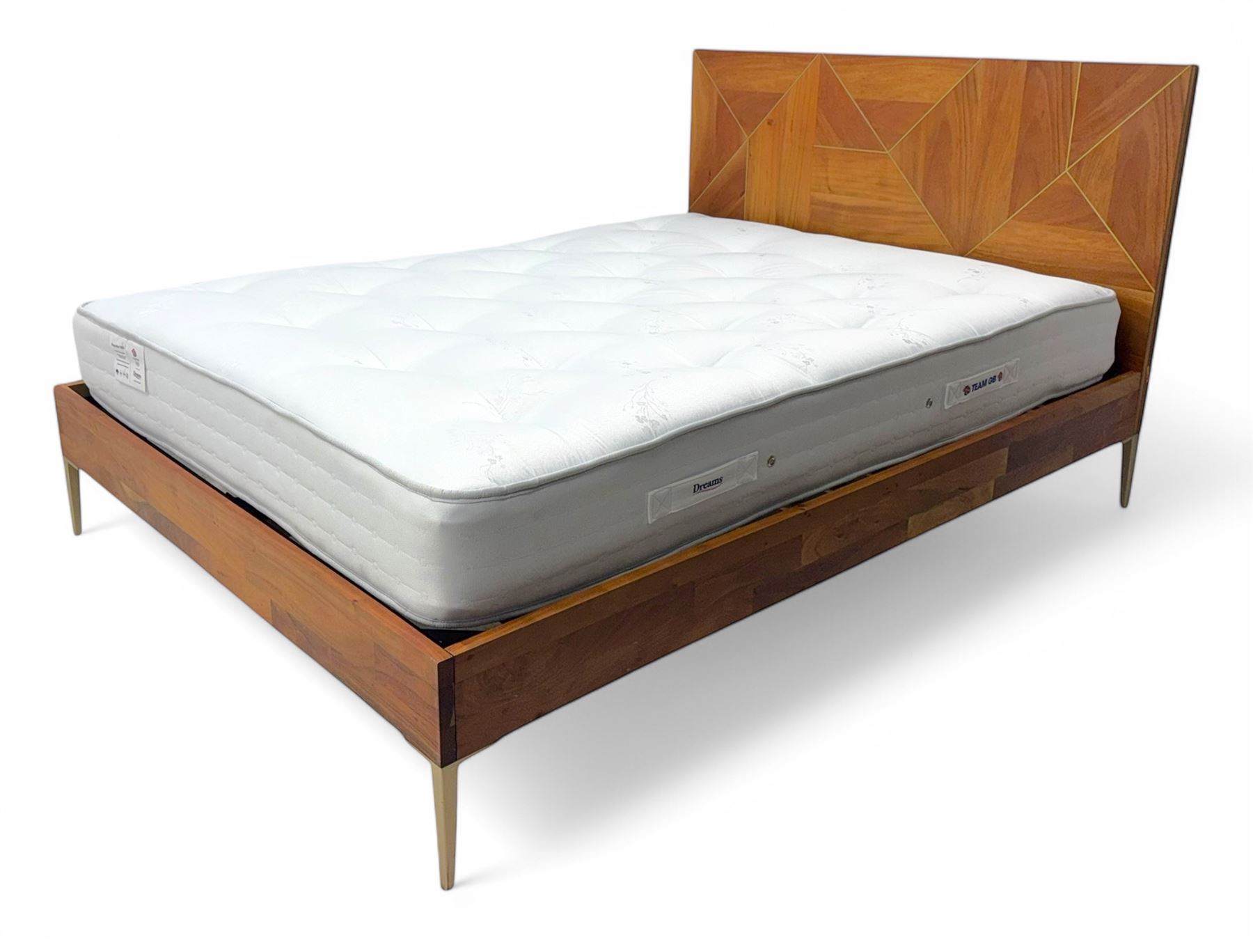 Barker & Stonehouse - contemporary chestnut king size bed frame, with geometric inlaid headboard and brass detailing, slatted base and tapered brass effect legs, together with Dreams ‘Reynolds 1000’ pocket sprung mattress