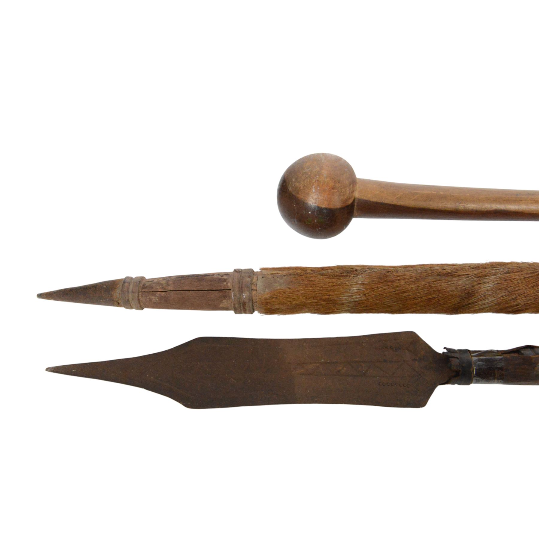 Collection of 19th century and later African spears, paddle and carvings
Provenance: the vendor's grandfather was a Methodist missionary who visited Africa between 1895-1903 and brought these items back on his return to England, paddle L151cm