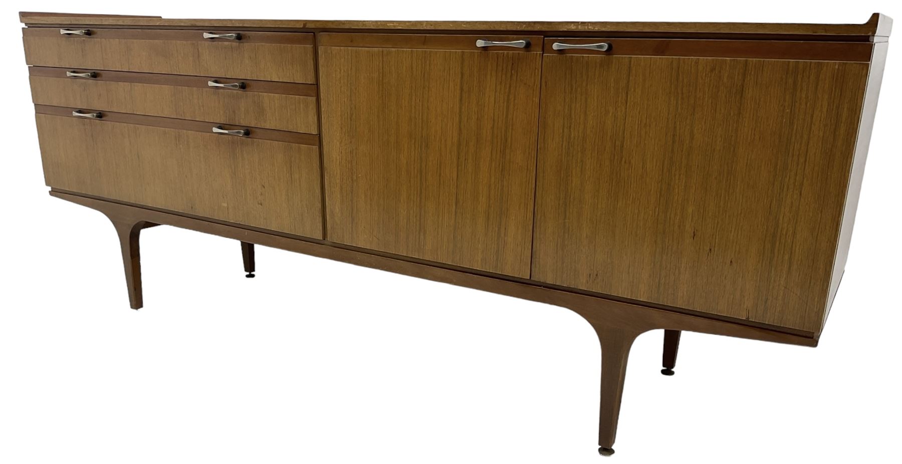 Meredew - mid-20th century teak sideboard, fitted with three drawers and two cupboards