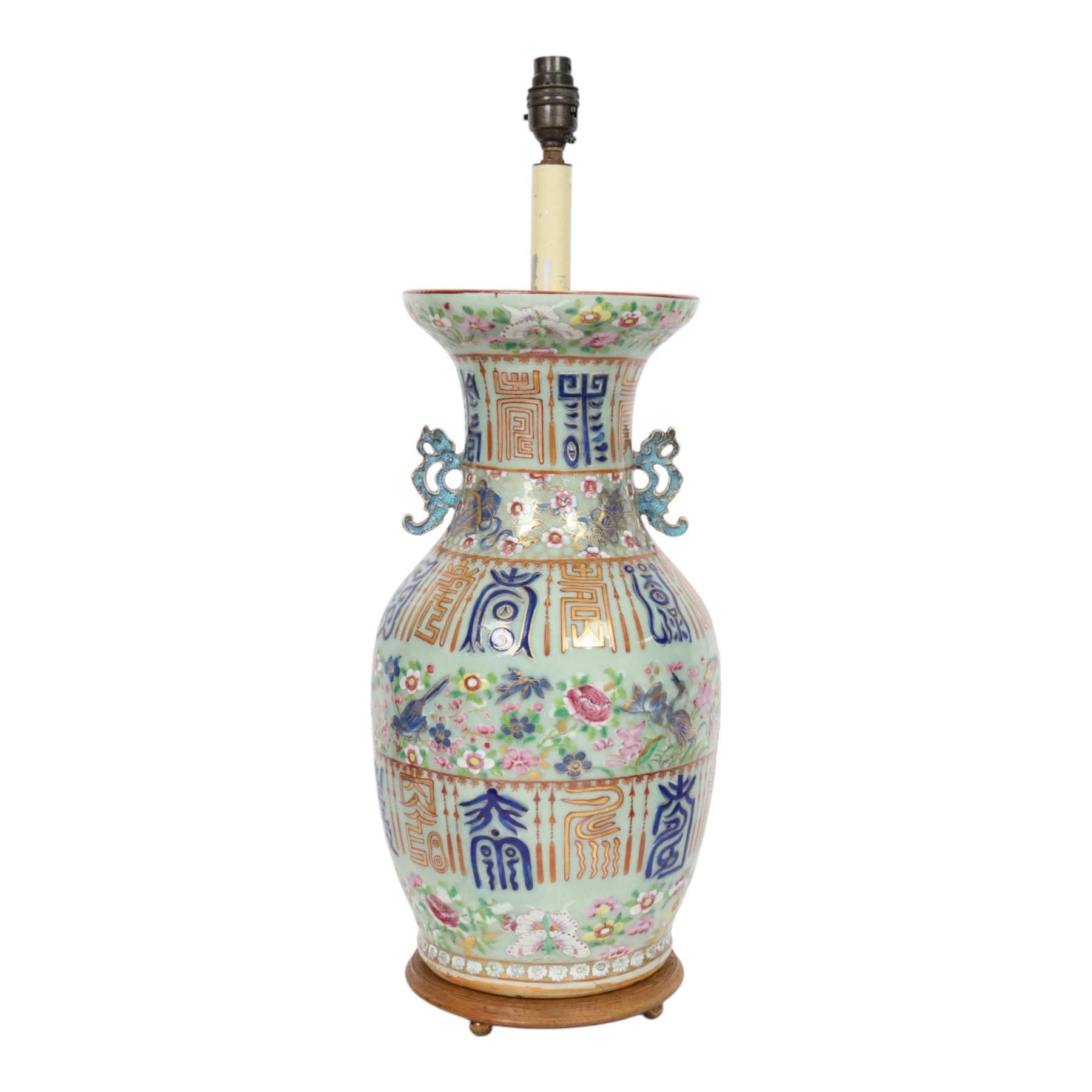 Early 20th century Chinese celadon ground vase, converted to lamp, of baluster form with flared neck and applied twin scroll handles to shoulders, the body decorated with polychrome enamels of birds amongst flowering branches, between bands of archaistic characters in blue, iron red and gilt, including fittings H60cm