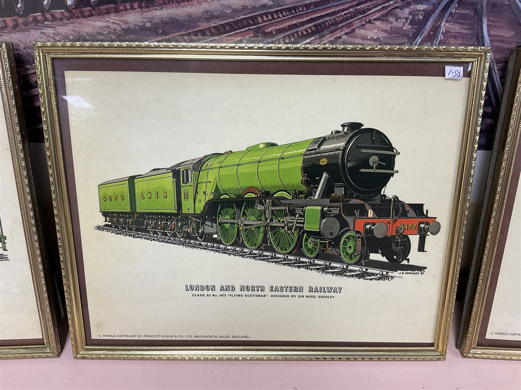 After Peter Owen Jones (British 20th century), 'Scots Guardsman'; limited edition colour print signed in pencil, together with three colour prints of early 20th century steam trains (4)