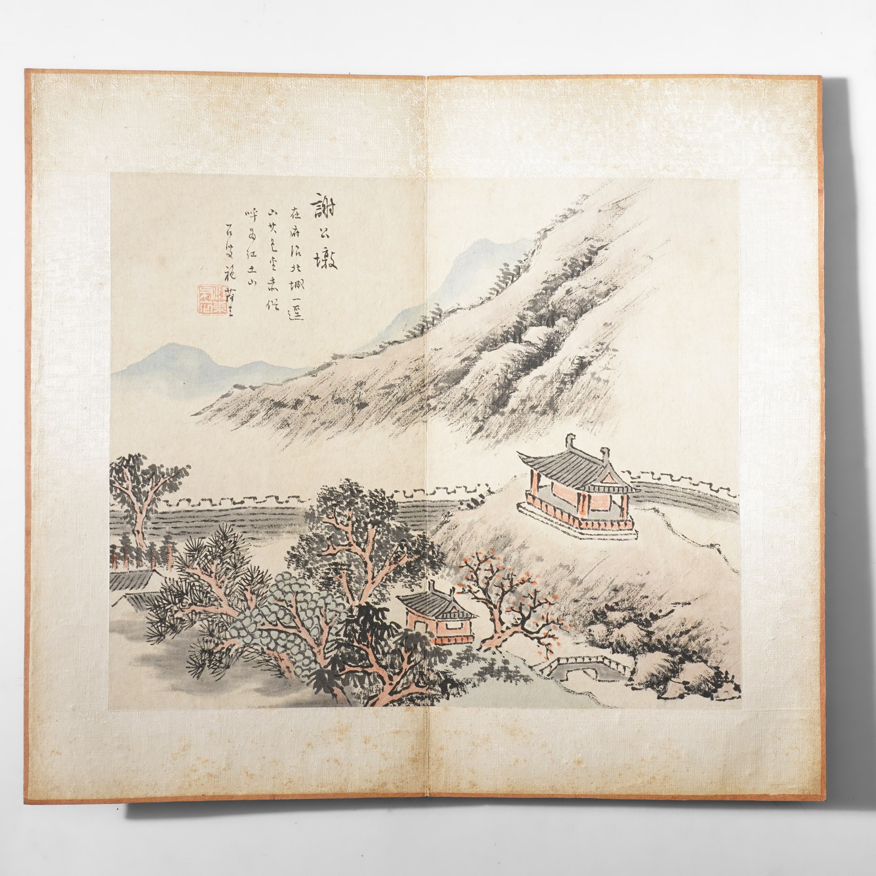 Chinese fold out book, comprising 12 hand-coloured woodblock landscapes each bearing inscription and artists seal  