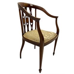 Edwardian inlaid walnut tub shaped bedroom chair, the shaped cresting rail supported by three pierced splats with inlaid oval amboyna panels, sprung seat upholstered in cream damask, square tapering supports with spade feet, box wood strung