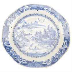 Chinese export plate decorated with a village in a landscape together with two platters 