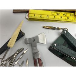 Pen knives including Victorinox, rolson multitool, sewing scissors, wooden and other folding rulers etc