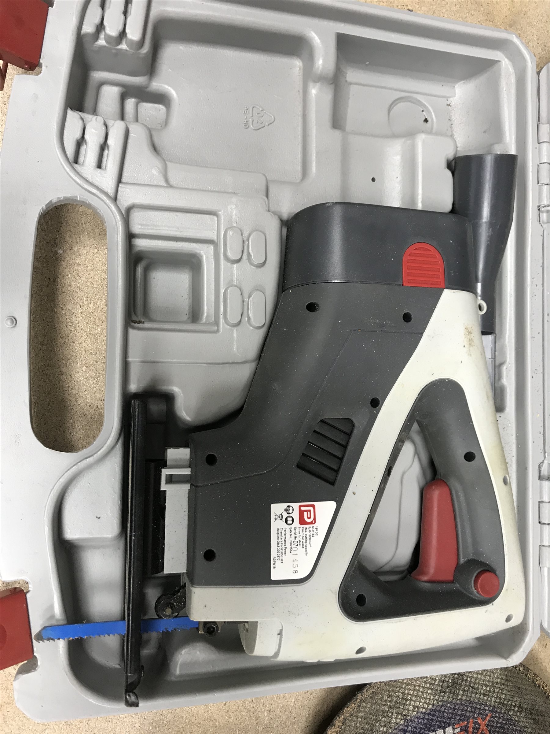 A quantity of hand tools including a Ferm FAG-230 angle grinder, a MacAllister reciprocating saw, a jig saw etc