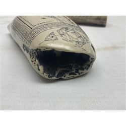 20th century resin carvings in the style of scrimshaws the first example depicting Ship Mercury, the other with a removable top, tallest example H10.5cm