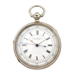 Victorian silver centre seconds key wound chronograph pocket watch by Masters & Co, Coventry No. 38810, white enamel dial with Roman numerals, outer seconds track numbered 25-300, case by James Neale, Chester 1882