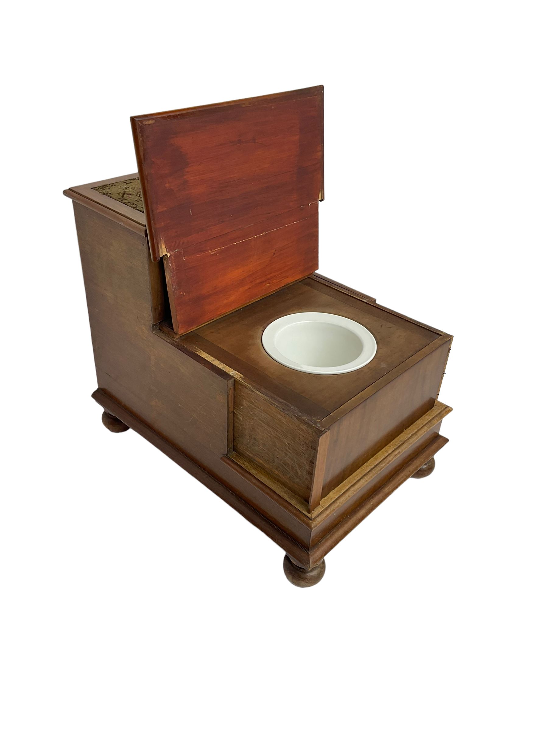 19th century mahogany step commode, pull-out action to reveal commode, the top with hinged lid, on turned feet