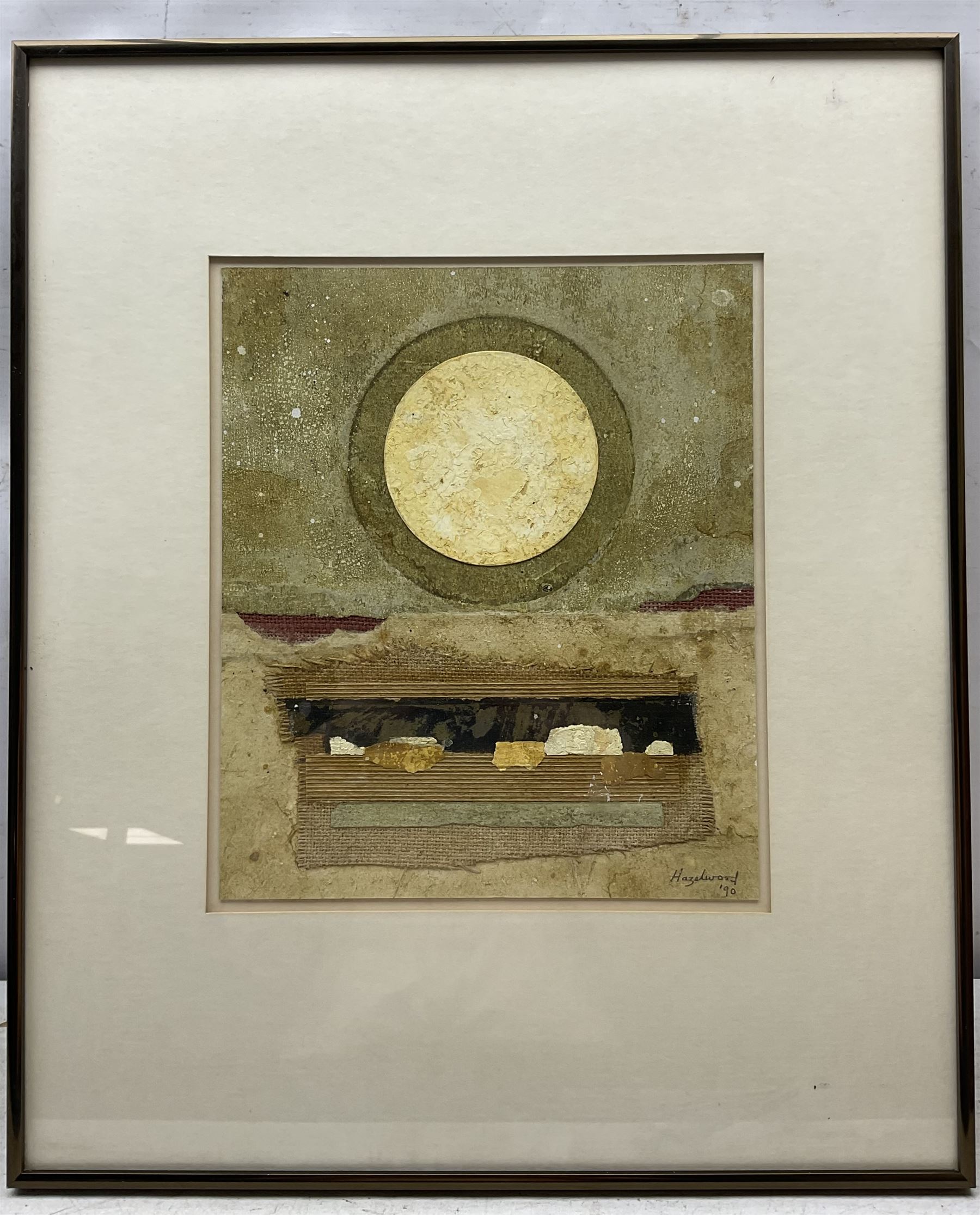 David Hazelwood (British 1932-1994): 'Pale Luminary', mixed media collage signed and dated '90, titled verso 34cm x 28cm 