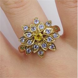 9ct gold tanzanite and single stone citrine flower cluster ring, with emerald set shoulders