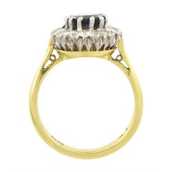 Gold oval cut sapphire and round brilliant cut diamond cluster ring, stamped 18ct, sapphire approx 1.50 carat, total diamond weight approx 0.60 carat