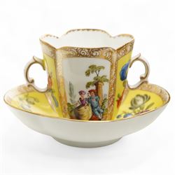 Helena Wolfsohn Dresden porcelain quatrefoil twin handled chocolate cup and stand, painted with panels of courting couples and floral sprays on a yellow ground, together with another Wolfsohn cup and saucer of the same design, and a similar continental vase decorated with shipping and town scenes, all marked to base, chocolate cup H8cm 