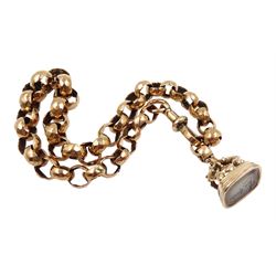 Victorian 9ct rose gold tapering fob chain and clip, with 9ct gold mounted intaglio fob seal engraved with an anchor and name Eliza, tested or stamped