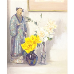 Neil Tyler (British 1945-): Still Life of Flowers with Cantonese ceramic Figure, oil on canvas signed and dated '04, 60cm x 50cm  

