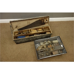  Vintage tools in stained box and wooden planes  