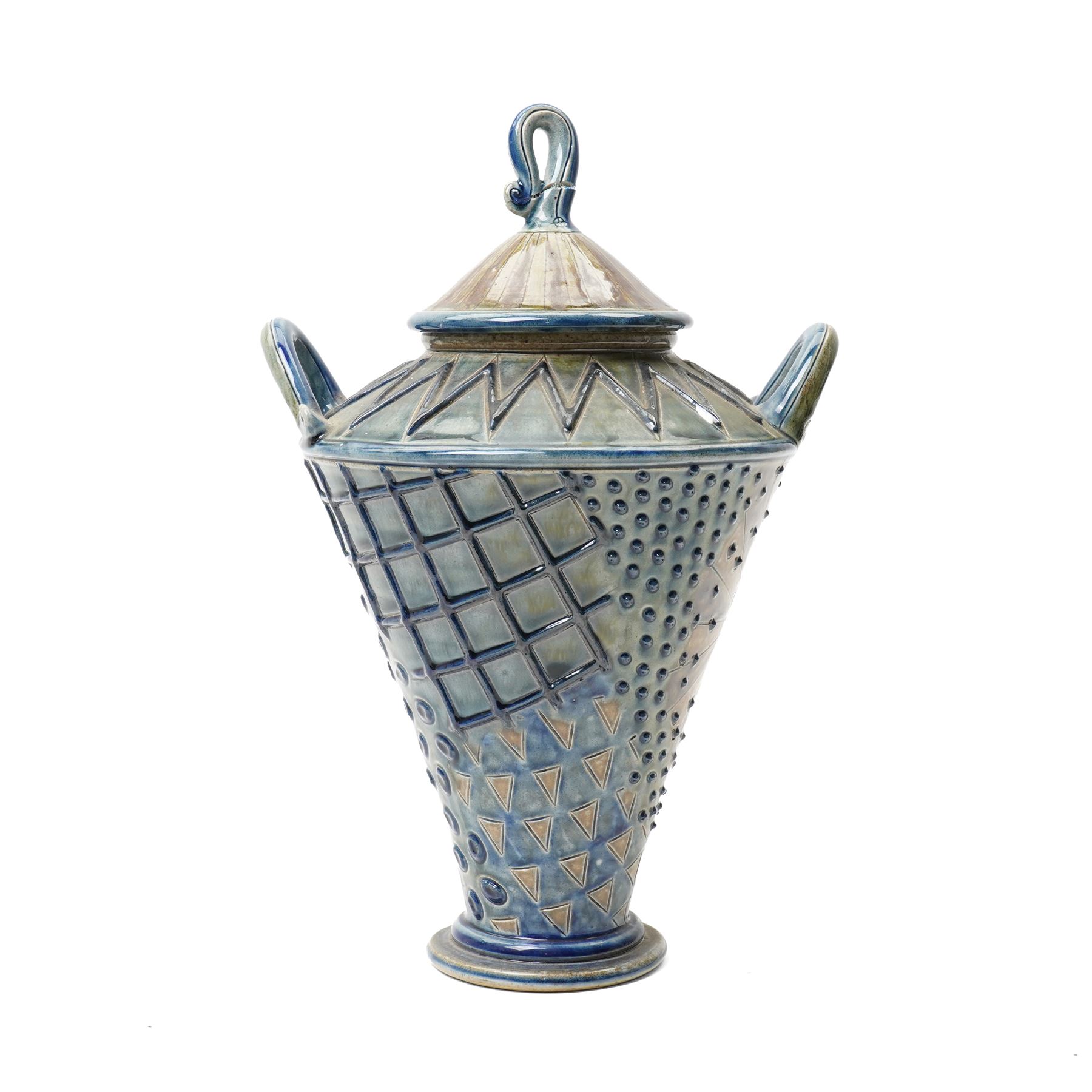 Andrew Osborne (1956 -): Geometric Jar and Bowl, with abstract design in typical blue and green glazes, incised marks to bases, jar H34cm