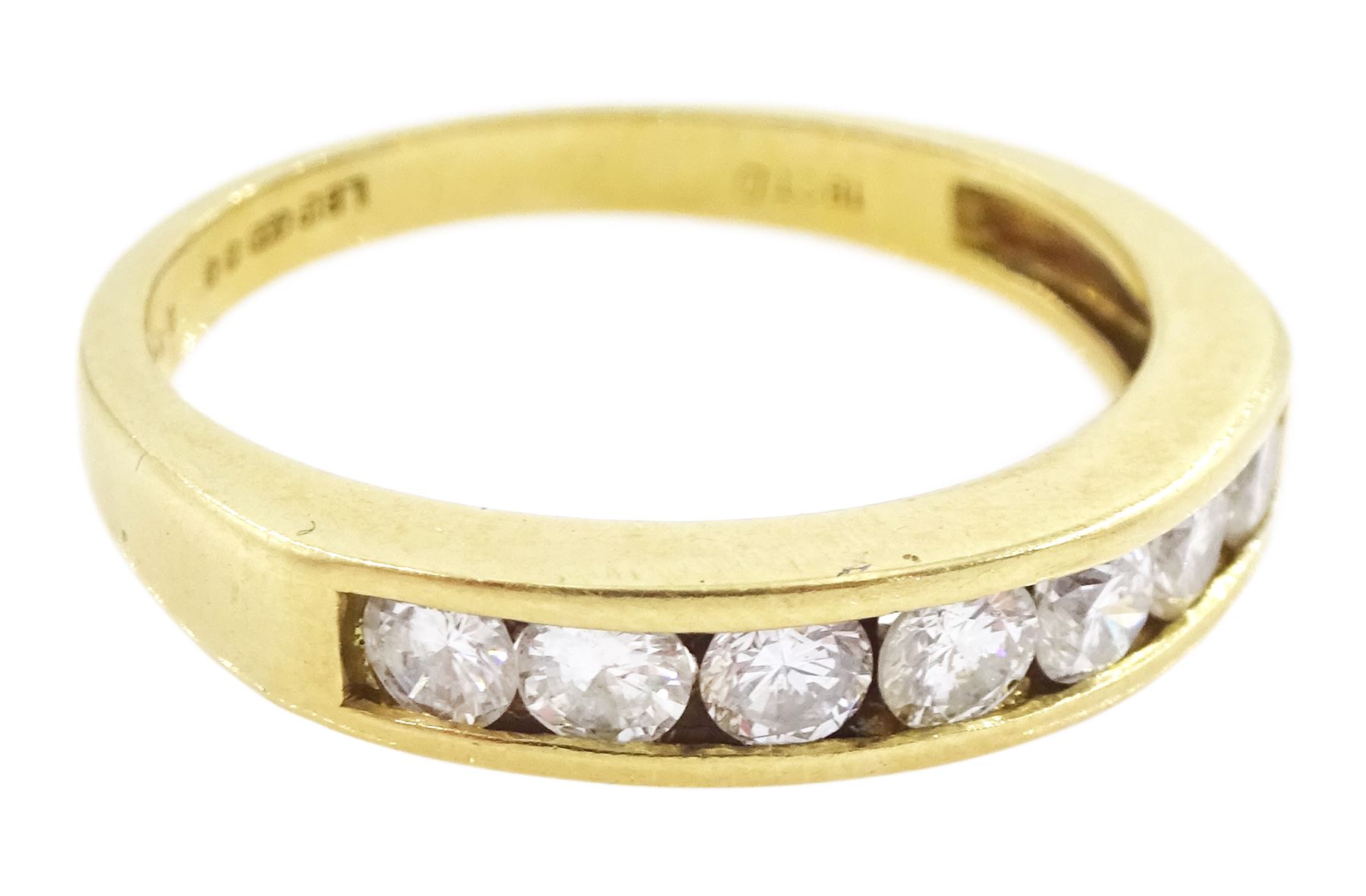 18ct gold channel set, round brilliant cut diamond half eternity, hallmarked, total diamond weight 0.50 carat
