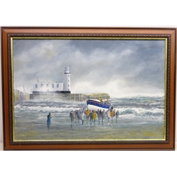  Scarborough Lifeboat Launching, 20th century oil on board signed with initials by Robert Sheader 50cm x 75cm  