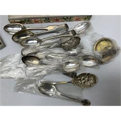 Victorian silver mounted brush, hallmarked Nathan & Hayes, Birmingham, silver and enamel Scarborough souvenir spoon, teaspoon hallmarked London 1857 and stamped maker's mark H.H, York County Savings Bank, pair brass shell cases, hat pins, pair brass candlesticks, silver plate etc