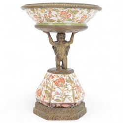 Wong Lee comport, with polychromatic enamel floral decoration, the stem formed as kneeling...